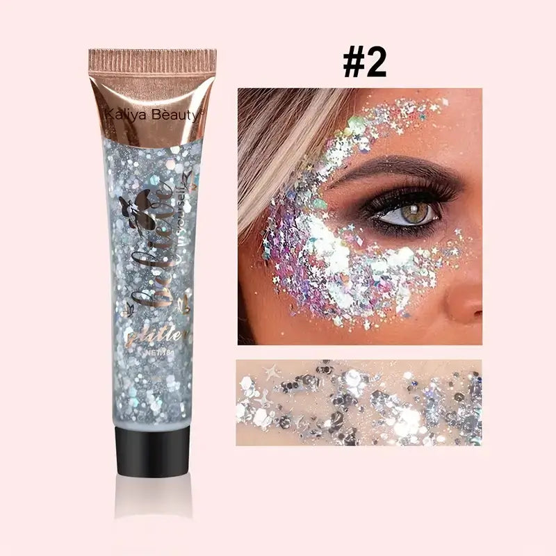 Sidabriniai gelio pagrindo veido, kuno ir plauku blizguciai